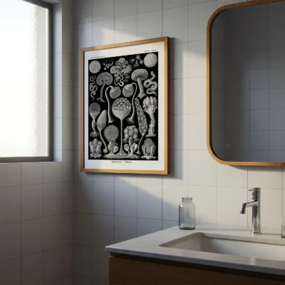 Ernst Haeckel Mycetozoa poster hanging in modern bathroom