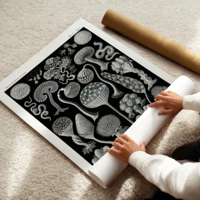 Ernst Haeckel Mycetozoa poster being unrolled on carpet