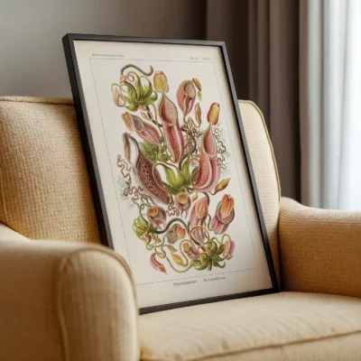 Ernst Haeckel Nepenthes poster leaning on beige armchair
