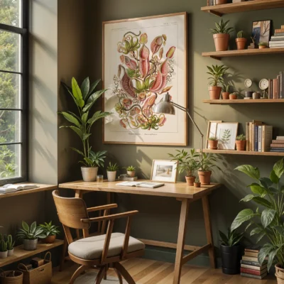 Ernst Haeckel Nepenthes print displayed in home office