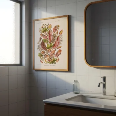 Ernst Haeckel Nepenthes poster hanging in modern bathroom