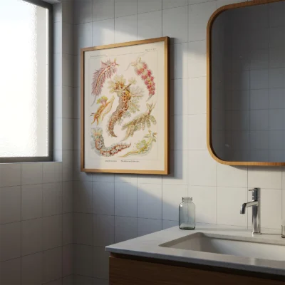 Vintage ocean poster Nudibranchia hanging in modern bathroom