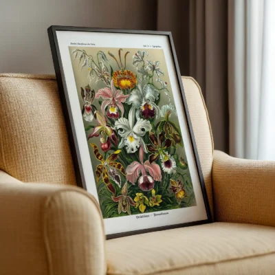 Orchid poster by Ernst Haeckel leaning on beige armchair