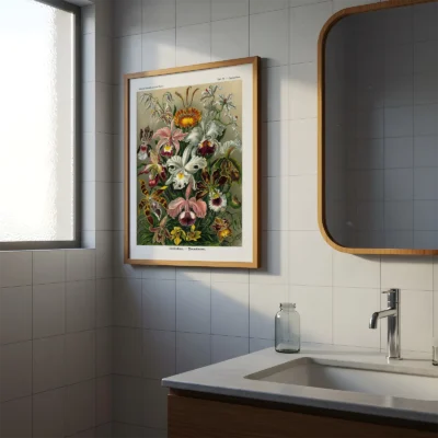 Orchid poster by Ernst Haeckel hanging in modern bathroom