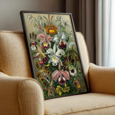 Ernst Haeckel poster Orchids leaning on beige armchair