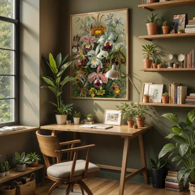 Ernst Haeckel poster Orchids displayed in home office with plants