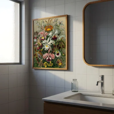 Ernst Haeckel poster Orchids hanging in modern bathroom