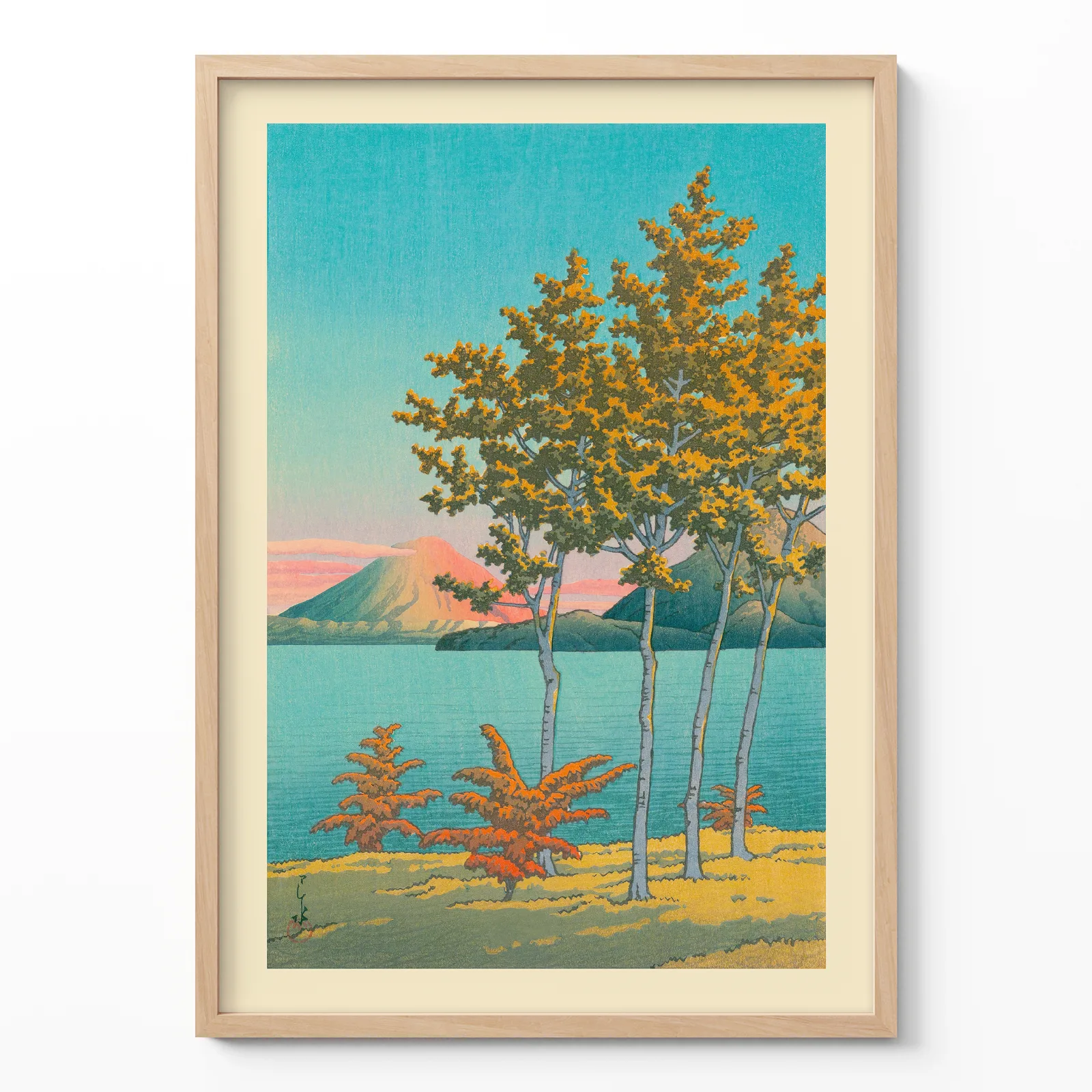 Kawase Hasui poster with Mount Fuji, trees and lake in simple wooden frame on white background