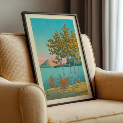 Kawase Hasui poster resting on beige armchair, showing peaceful landscape in bright tones