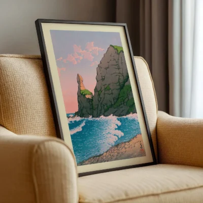 Kawase Hasui woodblock print on cozy beige armchair, soft lighting on Japanese seaside artwork