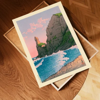 Unframed Kawase Hasui woodblock print of Setakamu Rocks placed on wooden tray