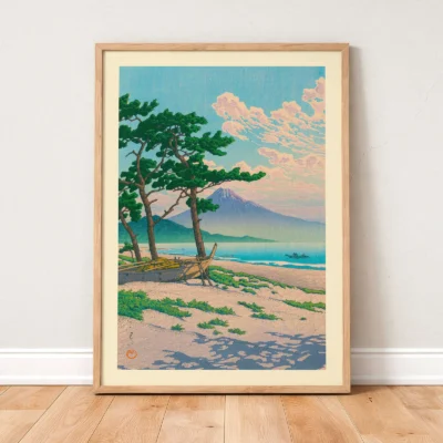Hasui Kawase art leaning on wooden floor, Japanese coast with pink sky and mountain view