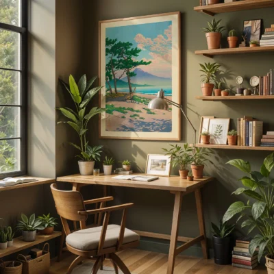 Hasui Kawase art displayed in home office, surrounded by plants and bookshelves