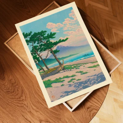 Unframed Hasui Kawase art print on tray, soft beach landscape with Fuji in background