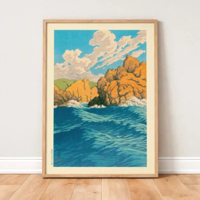 Hasui Kawase artwork leaning on wall, Japanese ocean waves crashing against orange cliffs