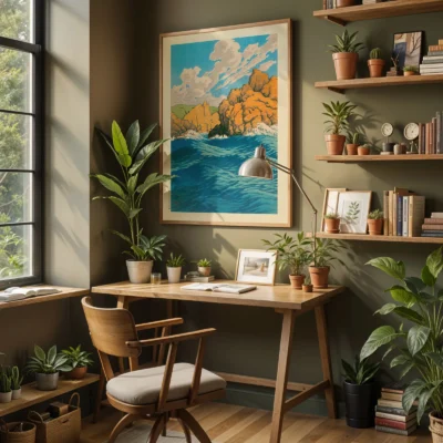 Hasui Kawase artwork hanging above desk with plants and bookshelves in home office