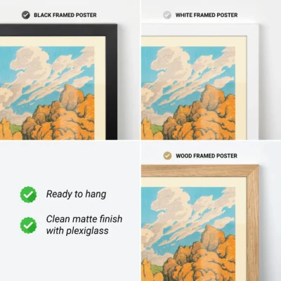 Hasui Kawase artwork shown in black, white, and wood frame options with matte finish