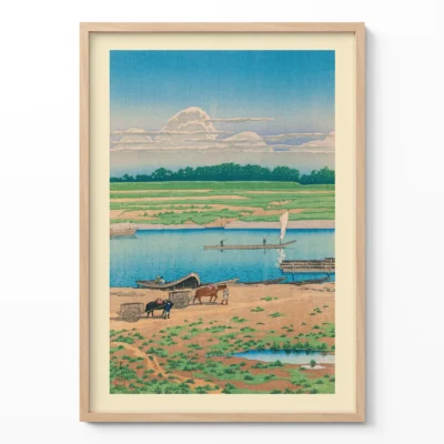 Hasui Kawase print of peaceful riverside with grazing animals and boats in wooden frame