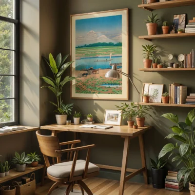 Hasui Kawase print hanging above desk with plants and books in home office