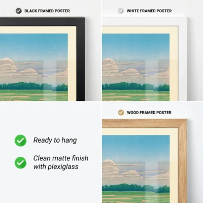 Hasui Kawase print shown in black, white and wood frame options with matte finish