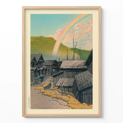 Kawase Hasui artwork of Japanese village street with rainbow and mountain backdrop in frame