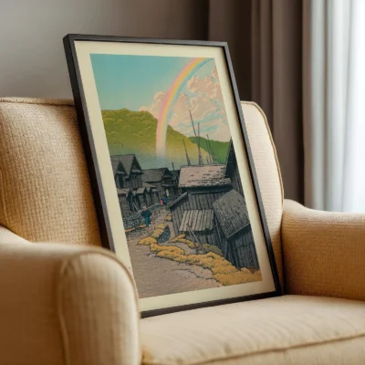 Kawase Hasui artwork on cozy armchair, Japanese village and rainbow in golden light