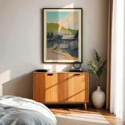 Kawase Hasui artwork above wooden sideboard, rainbow over town in sunlit room