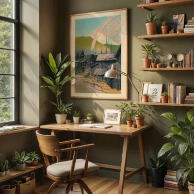 Kawase Hasui artwork hanging in home office, Japanese rooftops and rainbow above mountains