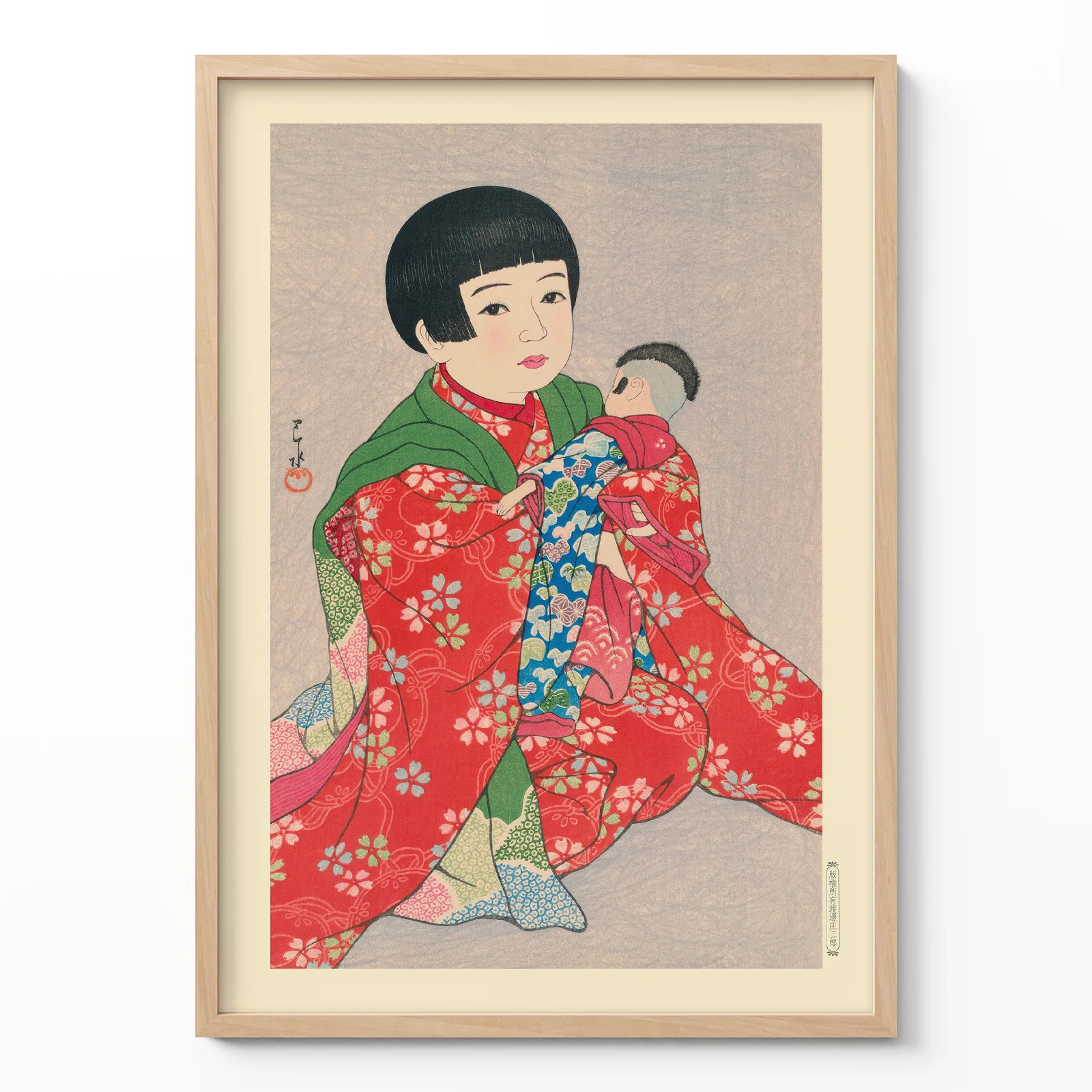 Japanese art print showing child in red kimono holding umbrella, framed against white background