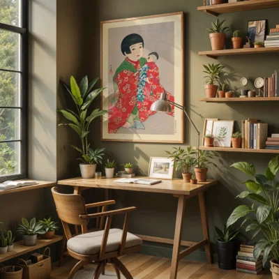 Japanese art print in home office with plants, child in red kimono above desk