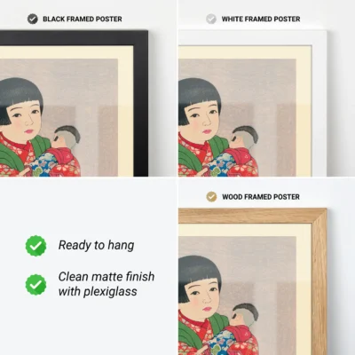 Japanese art print in wood, black, and white frames – portrait of child with umbrella