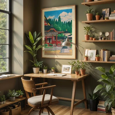 Kawase Hasui art hanging in home office with plants, showing temple and mountain sky