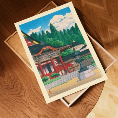 Unframed Kawase Hasui art print of Kuon Temple on wooden tray, blue sky and pines