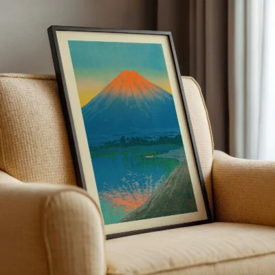 Japanese print on beige chair, sunrise landscape with deep blue lake and red Fuji peak