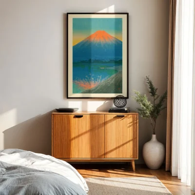 Japanese print framed above sideboard, Mount Fuji at sunrise reflecting on lake