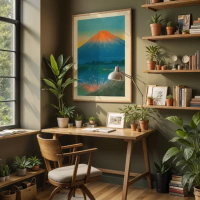 Japanese print hanging in home office, showing sunrise over water and mountain view