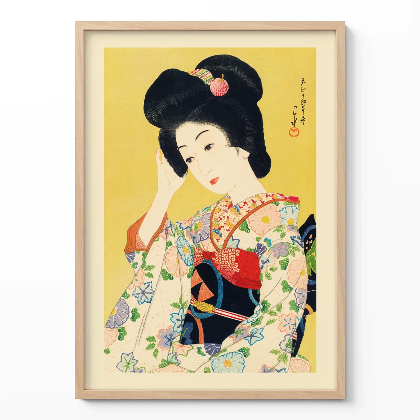 Japanese art poster showing elegant geisha in floral kimono on yellow background in frame