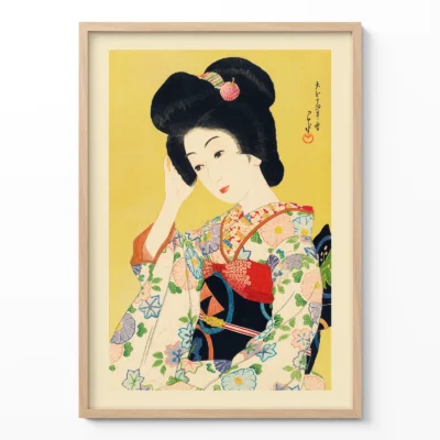 Japanese art poster showing elegant geisha in floral kimono on yellow background in frame