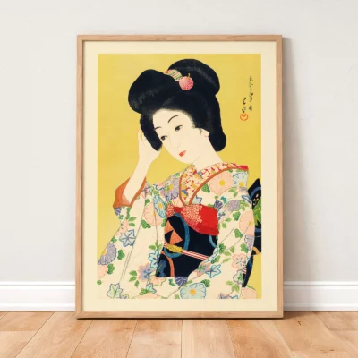 Japanese art poster leaning on wall, geisha in patterned kimono with gentle expression