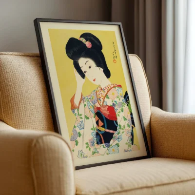 Japanese art poster on beige armchair, traditional portrait of geisha in vivid colors