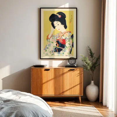 Japanese art poster above cabinet, framed geisha illustration in natural daylight