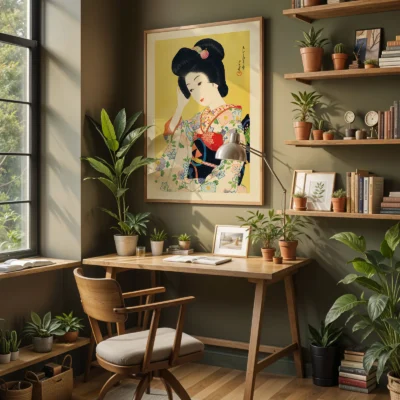 Japanese art poster in home office, geisha portrait surrounded by plants and shelves