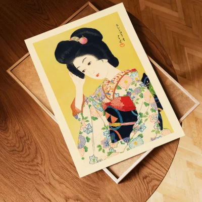 Unframed Japanese art poster of geisha with floral pattern on wooden tray