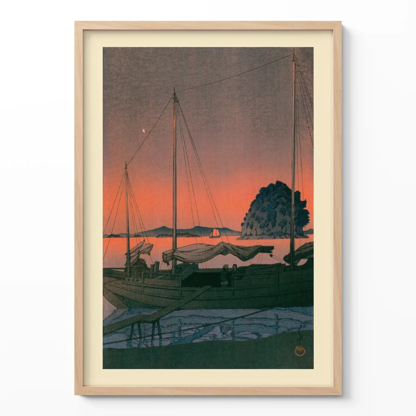 Japanese poster of harbor at sunset with boats, deep orange sky, and silhouette trees