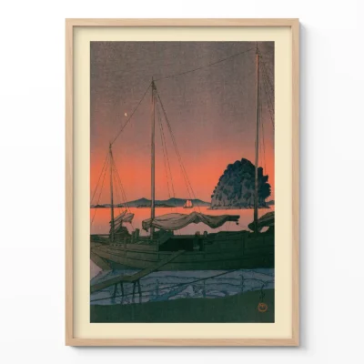 Japanese poster of harbor at sunset with boats, deep orange sky, and silhouette trees