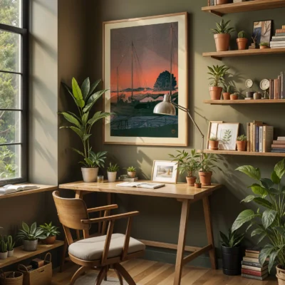Japanese poster in home office, framed harbor sunset scene with boat silhouettes