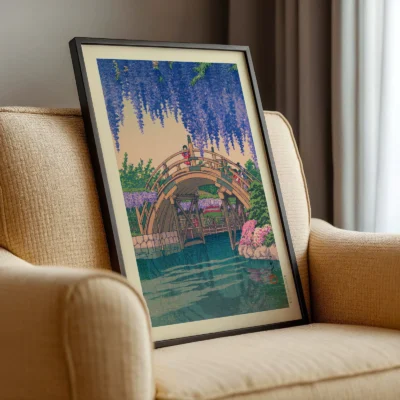 Japanese woodblock print on armchair, purple wisteria and bridge scene in natural tones