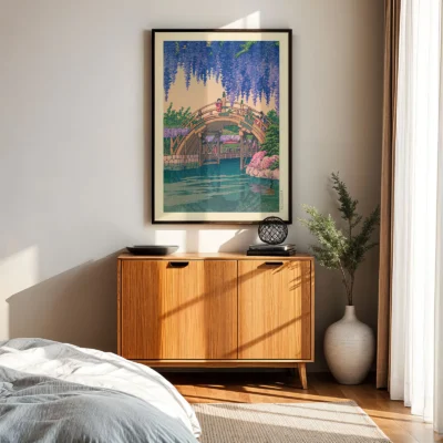 Japanese woodblock print above wooden cabinet, garden bridge with hanging flowers
