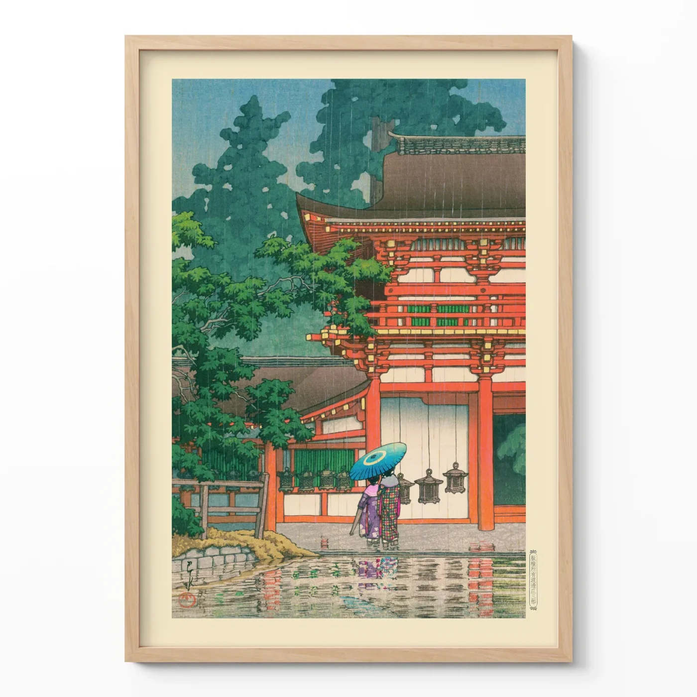 Japanese wall art of Kasuga Shrine in rain, woman with umbrella walking by red gate