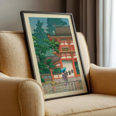 Japanese wall art on armchair, traditional shrine and rainy walkway in rich tones